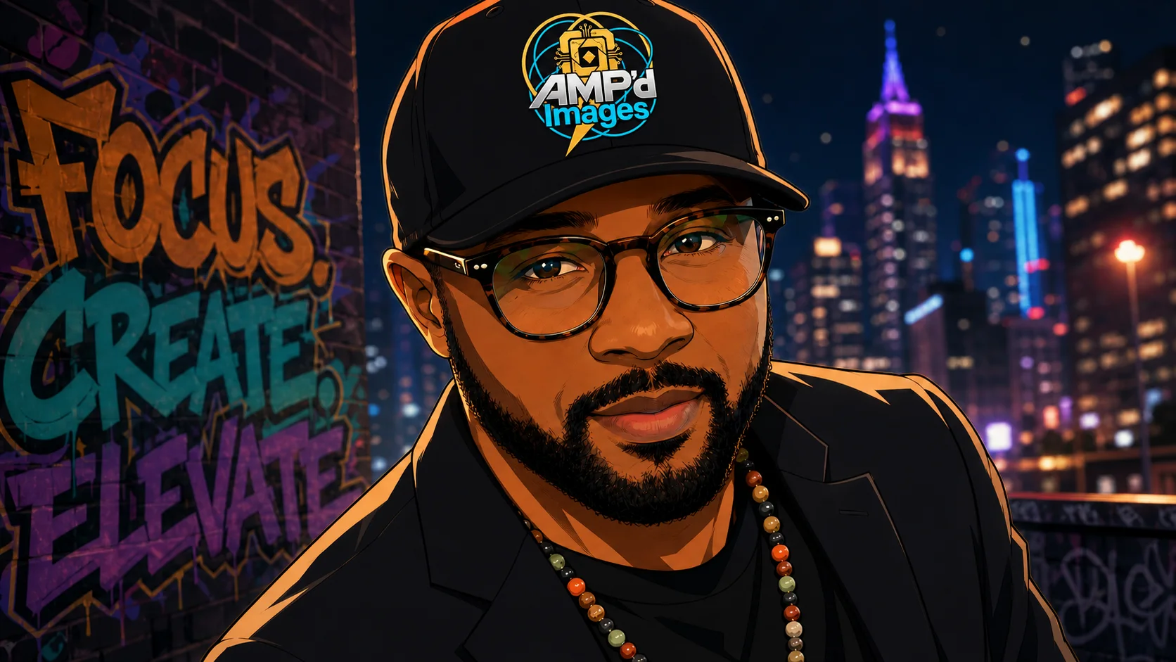 Illustrated portrait of Chris, founder of AMP'd UP Images, in an AMP'd Images cap against a city skyline and a graffiti wall reading Focus, Create, Elevate