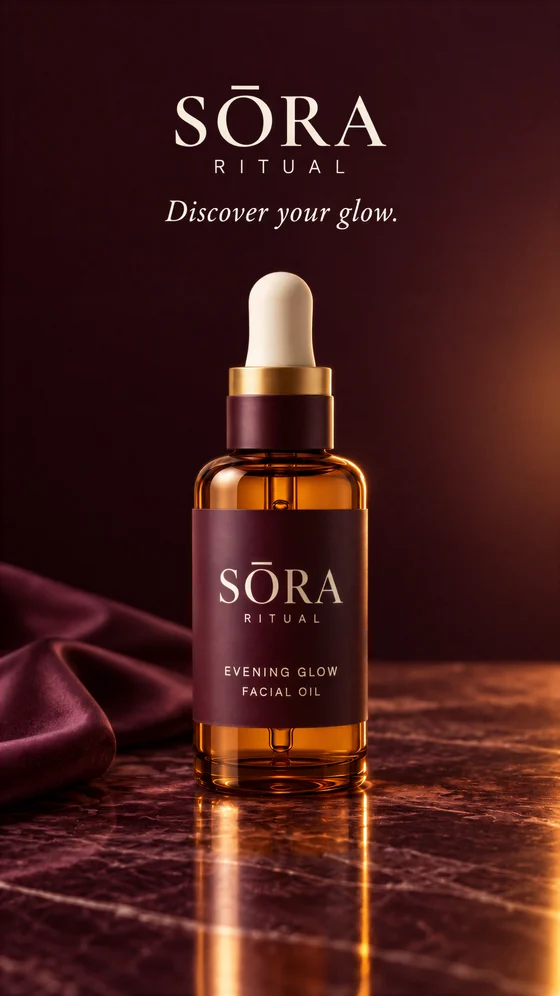 SŌRA Ritual Evening Glow Facial Oil: amber glass dropper bottle with plum label on a warm backdrop