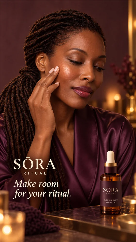 SŌRA Ritual campaign portrait of a woman with gathered locs in a deep plum satin robe